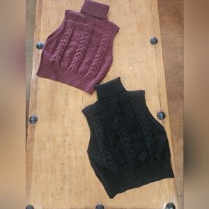 Cable Knit Turtleneck Sweater Vest - Black and Burgundy